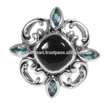 Anillo de plata del diseño floral 925 con el ónix negro y la joyería del desgaste del partido y de la boda de la piedra preciosa del Topaz azul
